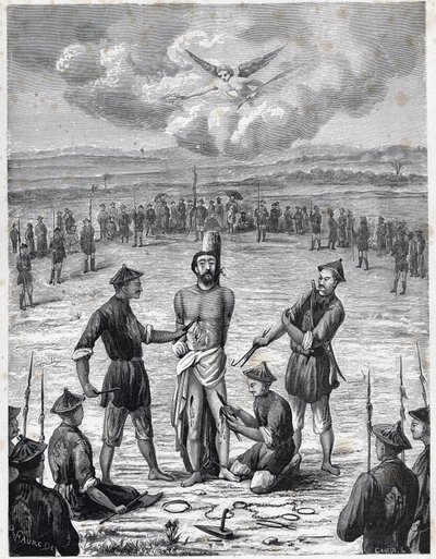 Kristen förföljelse: den franske missionärsprästen Joseph Marchand led "plågan av de hundra såren" i Cochinchina den 30 november 1835. Gravyr i "Les Missions Catholiques au XIXeme Siecle"" av Louis-Eugene (Louis Eugene) Louvet. privat co av Anonymous Anonymous