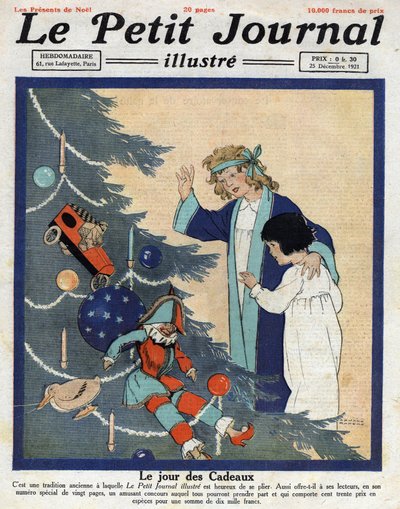 Julfest: barn upptäcker presenter vid foten av granen. Illustration hämtad från "" Le petit journal"" från 1921-12-25 Samling privee av Anonymous Anonymous