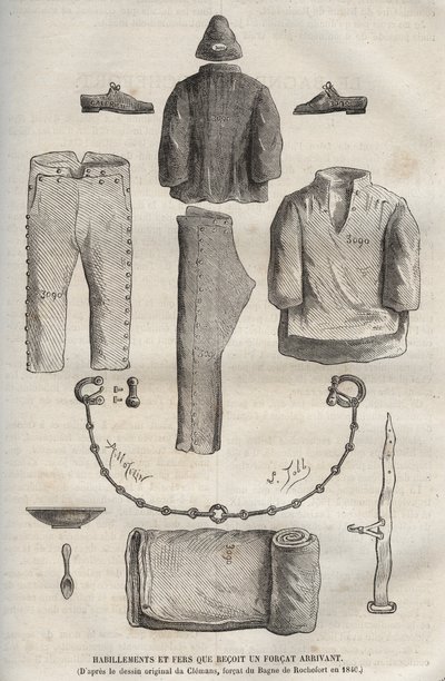 Kläder och strykjärn mottogs av en styrka som anlände till bagne de Rochefort på 1800-talet (från originalteckningen av Clemans, forcat du bagne 1840). Gravyr i "Fångarnas historia från deras skapelse till våra dagar" (1877) av Pierre Zaccone (18) av Anonymous Anonymous