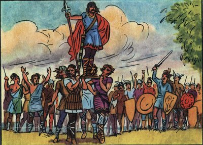 Clovis (frankernas kung från 481 till 511) valdes till kung av salianerna som bar honom på bålverket (skölden) medan de turnerade i lägret. Anonym illustration i "" Collection des souverains et chefs d