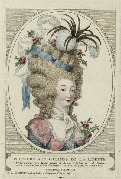 Coiffure Aux Charmes De La Liberte, Anonym. Kopparstick, akvarell, ca. 1790, Privat samling av Anonymous Anonymous