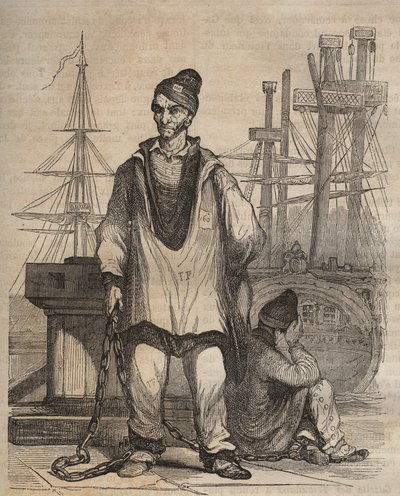 Övertygelser till evighet vid Rochefort Bagne på 1800-talet. Gravyr i "Historia om fängelserna från deras skapelse till idag" (1877) av Pierre Zaccone (1817-1895) (Colonia Penale - Straffkoloni) av Anonymous Anonymous