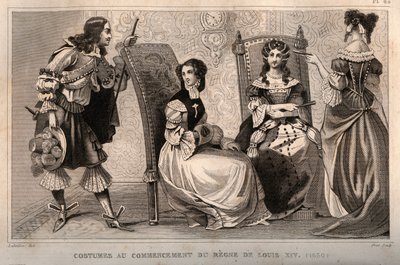 Kostymer i början av Ludvig XIV:s rege (1650). Gravyr från 1859 i "" Le Monde. Alla folks historia från de mest avlägsna tiderna till våra dagar”. av M. E. de Lostalot-Bachoue (Lostalot Bachoue). Privat samling. av Anonymous Anonymous