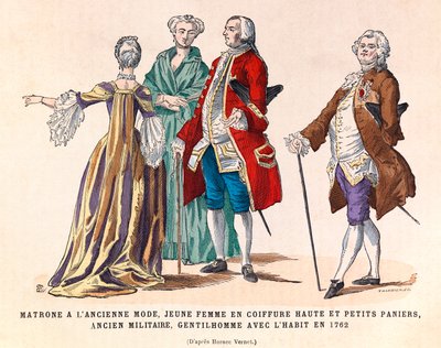 Kostymer av en gammal modern matrona, en ung kvinna i hög frisyr och små korgar, en före detta militär och en herre i kostym 1762 (regne av kung Ludvig XV) - privat samling av Anonymous Anonymous