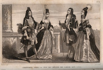 Kostymer mot slutet av kung Ludvig XIV:s regeringstid (1710). Gravyr från 1859 i "" Le Monde. Alla folks historia från de mest avlägsna tiderna till våra dagar”. av M. E. de Lostalot-Bachoue (Lostalot Bachoue). Privat samling. av Anonymous Anonymous