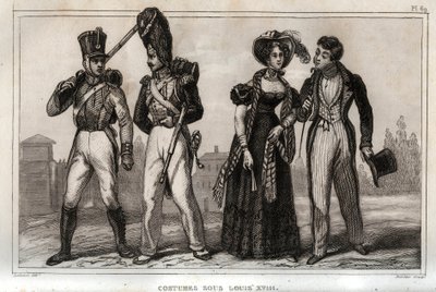Kostymer under Ludvig XVIII. Gravyr från 1859 i "" Le Monde. Alla folks historia från de mest avlägsna tiderna till våra dagar”. av M. E. de Lostalot-Bachoue (Lostalot Bachoue). Privat samling. av Anonymous Anonymous