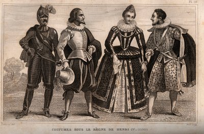 Dräkter under Henrik IV:s styre (1590). Gravyr från 1859 i "" Le Monde. Alla folks historia från de mest avlägsna tiderna till våra dagar”. av M. E. de Lostalot-Bachoue (Lostalot Bachoue). Privat samling. av Anonymous Anonymous