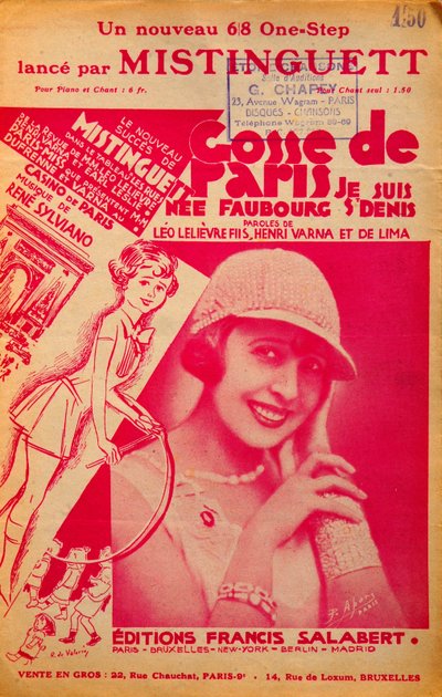 Omslag till partituret "Gosse de Paris"" som sjungs av Mistinguett (Mistinguette) (1875 - 1956), fransk sångare av Anonymous Anonymous