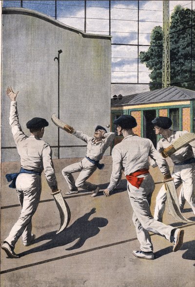 Dödlig baskisk boll: en spelare får en motståndares boll i huvudet och dör av sin skada. Gravyr i "" Le Petite Journal"" av Anonymous Anonymous