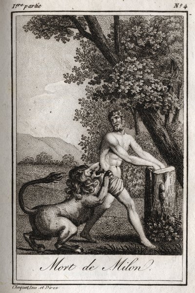 Död av Milon de Crotone (Milo av Croton) förtär av en varg. Gravyr från 1819 i "Lettres a Emilie sur la mythologie" av Charles Albert Demoustier (1760-1801). Privat samling. av Anonymous Anonymous