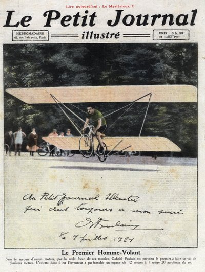 Dedikerat porträtt av den franske uppfinnaren och cyklisten Gabriel Poulain ombord på sin "aviette", en cykel utrustad med biplansvingar som gjorde att han kunde flyga några meter utan motor. Illustration hämtad från "" Le petit journal illustrious"" av 19 av Anonymous Anonymous
