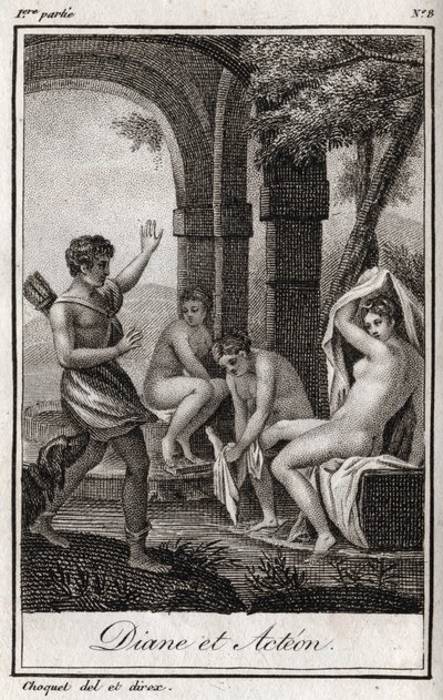 Diane och Acteon (Diana och Actaeon) Diane överraskade i badet av jägaren Acteon. Gravyr från 1819 i "Lettres a Emilie sur la mythologie" av Charles Albert Demoustier (1760-1801). Privat samling. av Anonymous Anonymous