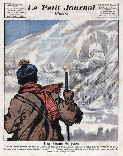 Upptäckt från kroppen av en upptäcktsresande i isen i Kanada, försvann i flera år. Illustration tagen från "" Le petit journal"" från 1921-12-11 Samling privee av Anonymous Anonymous