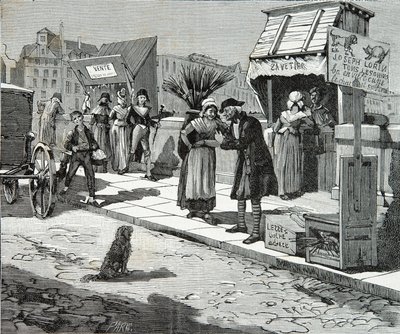 Hundtrimmare på bron nio i Paris omkring 1796, Gravyr, Privat samling av Anonymous Anonymous