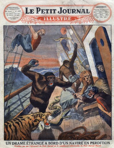 Drama om det franska linjefartyget "" Saint Etienne"": gorillor, tiger, lejon och orm avsedda för engelska zoologiska trädgårdar flydde från sin bur och attackerade besättningsmedlemmarna. "" Gravyr. En av "The Little Journal Illustrates" av Anonymous Anonymous