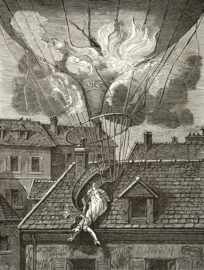 Dramatisk död av Madame Sophie Blanchard (1778-1819), flygplan den 6 juli 1819 ovanför Tivolis trädgårdar i Paris, gravyr, privat samling av Anonymous Anonymous