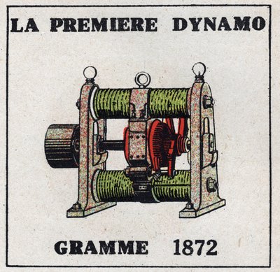 Dynamo: den första dynamo som uppfanns av Zenobe Theophile Gram (1826-1901) 1872. Anonym illustration från 1925. Privat samling. av Anonymous Anonymous