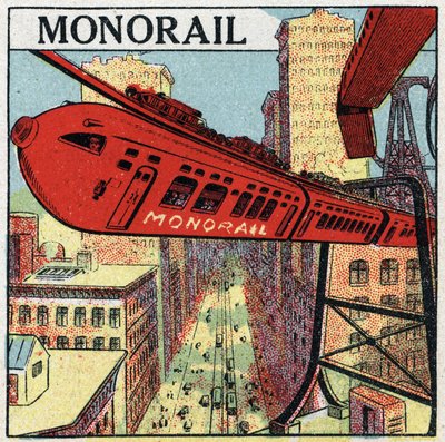 Elektriska järnvägar: projekt för en monorail som cirkulerar i en stad. Anonym illustration från 1925. Privat samling. av Anonymous Anonymous