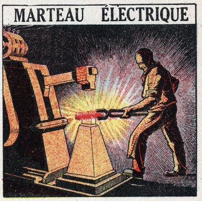 Elverktyg: elektrisk hammare. Anonym illustration av 1925. Privat samling. av Anonymous Anonymous