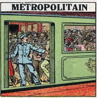 Elektriska spårvagnar: passagerare samlas i Metropolitain i Paris. Anonym illustration från 1925. Privat samling. av Anonymous Anonymous