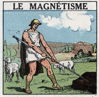 Elektriska fenomen: magnetism upptäcktes i antiken. Den grekiske herden Magnes kunde inte lossa sin järnpinne från marken. Han fann att detta fenomen kom från attraktionen av en sten som kallas magnetisk oxid eller magnetisk oxid. Anonym illu av Anonymous Anonymous