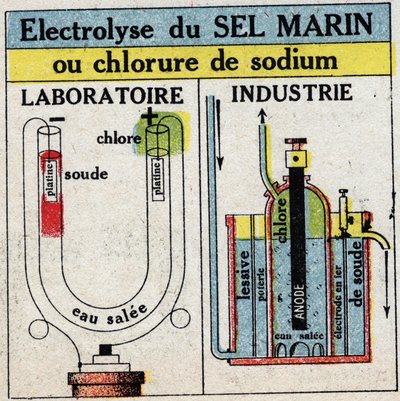 Elektrokemi: elektrolys av havssalt eller natriumklorid. Anonym illustration från 1925. Privat samling. av Anonymous Anonymous