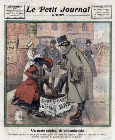 Eleganta unga flickor, deras ansikte gömmer sig bakom en mask, vaxar förbipasserande Londons skor för att samla in pengar till engelska sjukhus. Illustration hämtad från "" Le petit journal illustrious""" av 1921-11-06. Privat samling av Anonymous Anonymous