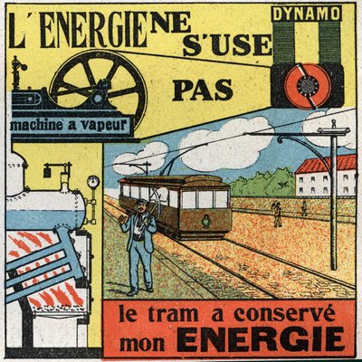 Energin slits inte: elproduktion med en dynamo som matar ångmaskinen på en spårvagn. Anonym illustration från 1925. Privat samling. av Anonymous Anonymous