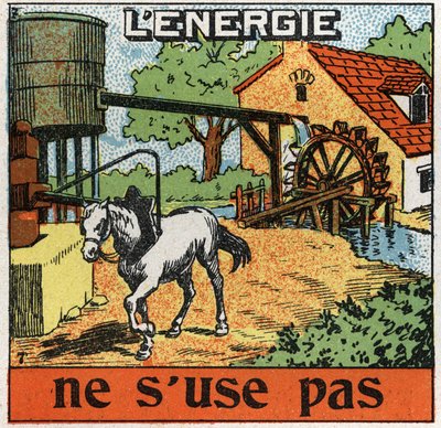 Energin slits inte: hästen fäster sig i en manege och hör vatten i en reservoar. Anonym illustration från 1925. Privat samling. av Anonymous Anonymous