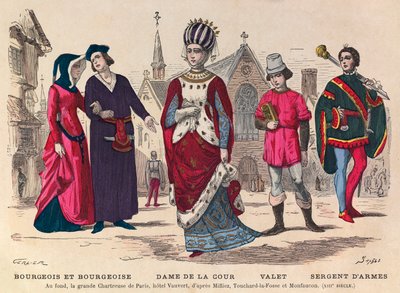 Gravyr - Bourgeois et bourgeoise, hovdam, betjänt, sergeant i Paris på 1200-talet (i bakgrunden la grande Chatreuse de Paris, hotel Vauvert) - Hovdräkter i Frankrike under 1200-talet - privat samling av Anonymous Anonymous