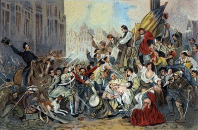 Avsnitt av revolutionen 1830 framför Bryssels stadshus. Reklamkromolitografi av Antoine-choklad i Bryssel, början av 1900-talet. Privat samling av Anonymous Anonymous