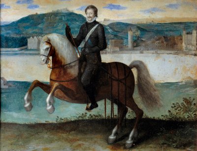 Ridsporträtt av Henri IV (1553-1610) framför Paris (1594). Anonym målning. h s/koppar. Mått: 0,25 x 0,31 m. Paris, Musée Carnavalet av Anonymous Anonymous