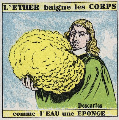 Eter (material): Rene Descartes (1596-1650) finner att etern badar kropparna som vatten en svamp. Anonym illustration från 1925. Privat samling. av Anonymous Anonymous