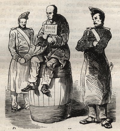 Utställning av en påtvingad undanflykt (Evade återvände) i Toulon-fängelset på 1800-talet. Gravyr i "Fångarnas historia från deras skapelse till idag" (1877) av Pierre Zaccone (1817-1895) (Colonia Penale - Straffkoloni). Privat samling. av Anonymous Anonymous