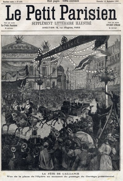 Den fransk-ryska alliansens högtid (fransk-ryska): utsikt över Operatorget under passagen av Felix Faures presidentkortege (1841-1899). I "" Le Petit Parisien"" den 12/09/1897. Privat samling av Anonymous Anonymous