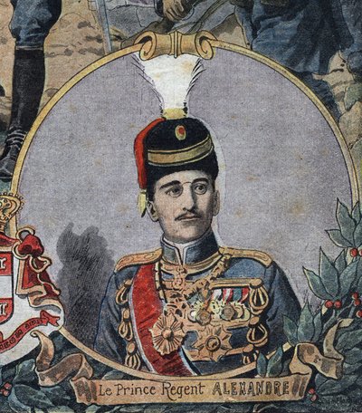 Första världskriget 1914-1918 (14-18): Porträtt av prinsregenten av Serbien Alexander, som blev kung Alexander I av Jugoslavien eller Alexander II av Serbien (1888-1934). Gravyr i "" Le Petite Journal"" av Anonymous Anonymous