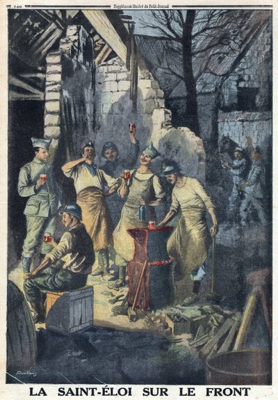 Första världskriget 1914-1918 (kriget 14-18). Firande av Saint Eloi (Saint-Eloi) av soldater på fronten. De dricker alla ett glas rött vin till festen. I "" Le Petite Journal", den 3/12/1916. Privat samling av Anonymous Anonymous