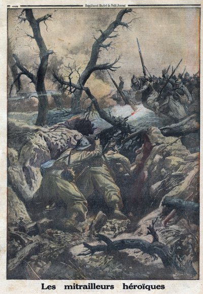 Första världskriget 1914-1918 (kriget 14-18). Franska maskingevärsskyttar skjuter mot tysk militär attack. I "" Le Petite Journal"", den 9/04/1916. Privat samling av Anonymous Anonymous