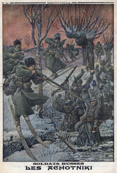 Första världskriget 1914-1918 (kriget 14-18). Ryska soldater Ahotniki på skidor skjuter tyska soldater. I "" Le Petite Journal"", den 23/01/1916. Privat samling av Anonymous Anonymous