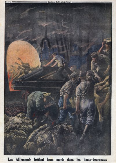 Första världskriget 1914-1918 (kriget 14-18). Tyskarna bränner döda soldater i ugnarna. I "" Le Petite Journal"", den 23/04/1916. Privat samling av Anonymous Anonymous