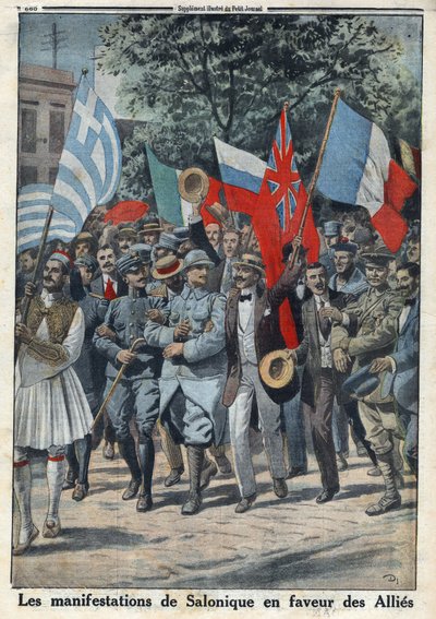 Första världskriget 1914-1918 (kriget 14-18). Protesterna i Saloniki (eller Thessaloniki i Grekland) till förmån för allierade. I "" Le Petite Journal"", den 24/09/1916. Privat samling av Anonymous Anonymous