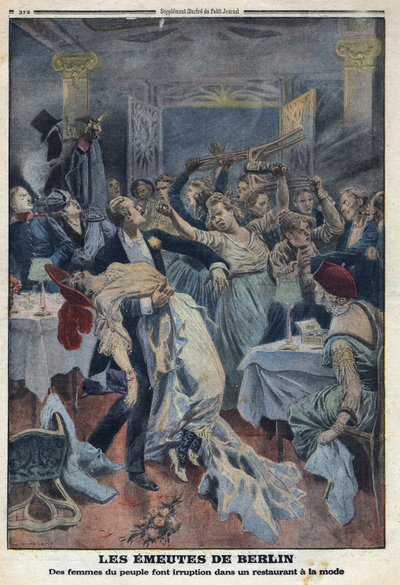 Första världskriget 1914-1918 (kriget 14-18). Folkets kvinnor bryter sig in på en fashionabel restaurang och kräver att sina män ska återvända. I "" Le Petite Journal"", den 16/01/1916. Privat samling av Anonymous Anonymous