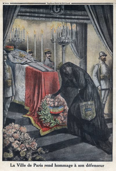 Första världskriget 1914-1918 (kriget 14-18). Hyllning av staden Paris till general Joseph Simon Gallieni (1849-1916) som försvarade staden. I "" Le Petite Journal"", den 18/06/1916. Privat samling av Anonymous Anonymous