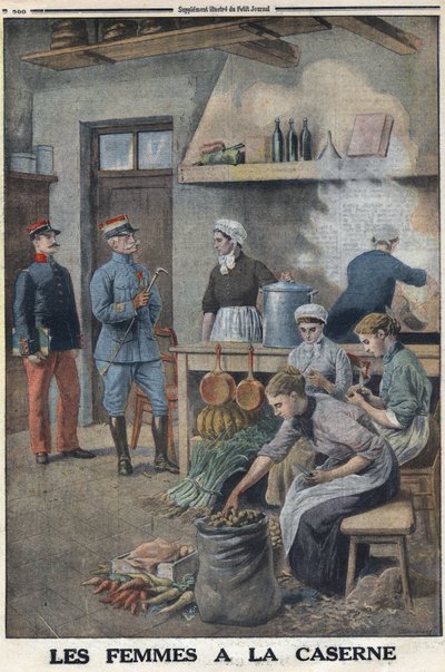 Första världskriget 1914-1918 (kriget 14-18). Kvinnor lagar mat i kasernernas kök. Tre kockar i potatiscorveen, skala potatisen. I "" Le Petite Journal"", den 7/05/1916. Privat samling av Anonymous Anonymous