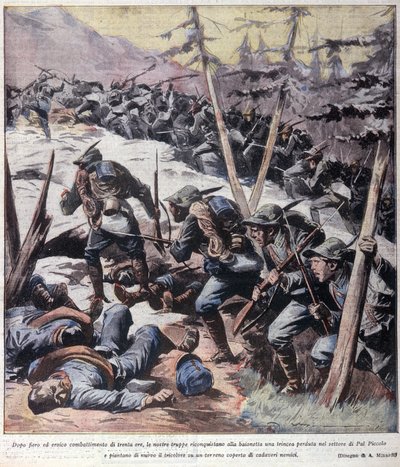 Första världskriget: "" Italienska alpina jägare (alpino eller alpini) tar tillbaka från fiender Pal Piccolo, italienska alperna"" 1916 Illustration från "La domenica del corriere"" av Anonymous Anonymous