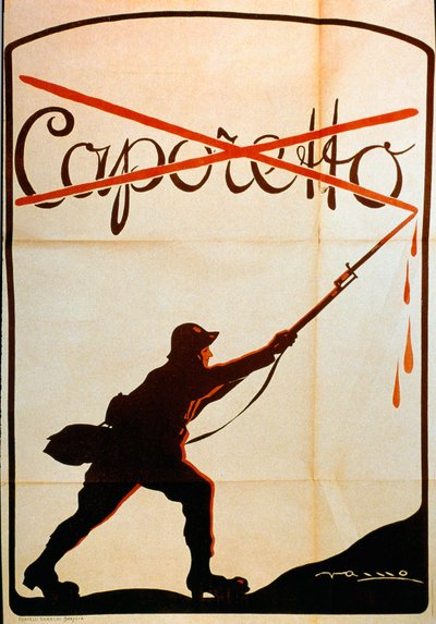 Första världskriget: affisch publicerad med anledning av Caporettos nederlag (eller slaget vid Karfreit) i slutet av oktober 1917 som föreställer en soldat från den italienska armén som tog bort namnet "Caporetto" från spetsen av sin baonette. Illustratöre av Anonymous Anonymous