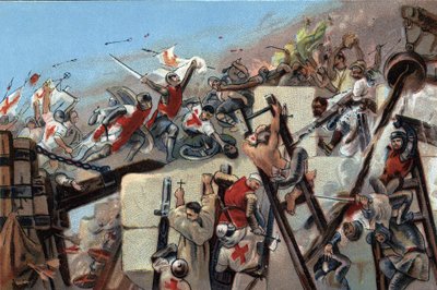 Första korståget (1096-1099): intagandet av Jerusalem av kryssen ledda av Godefroy (Godefroi) av Bouillon (1061-1100) den 15 juli 1099. Reklamkromolitografi av Antoine-choklad i Bryssel, början av 1900-talet. Privat samling av Anonymous Anonymous