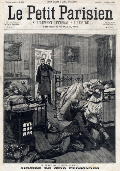 Fem självmord på Avenue Marceau i Paris. I "" Le Peute Parisien"" den 21/11/1897. Privat samling av Anonymous Anonymous