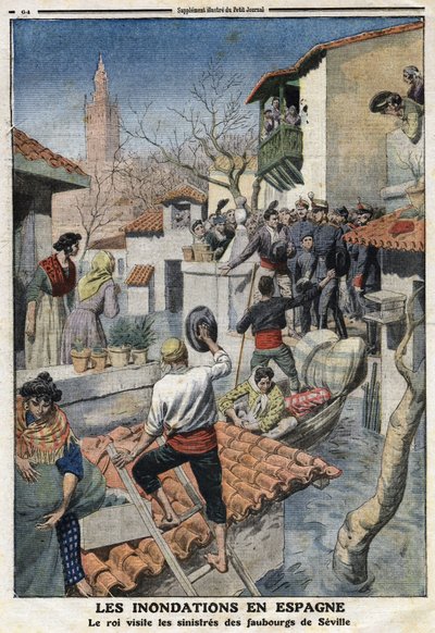 Översvämningar i Spanien: Kung Alfonso XIII (1886-1941) besöker Sevillas olycksbådande förorter. Gravyr i "" Le Petite Journal"", den 25/02/1912. Privat samling. av Anonymous Anonymous