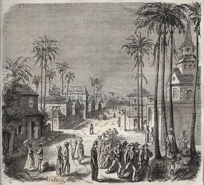 Forcats kommer att arbeta på fängelset Saint-Laurent (Saint-Laurent) i Cayenne (Franska Guyana) på 1800-talet. Gravyr i "Historia om fängelserna från deras tillkomst till våra dagar" (1877) av Pierre Zaccone (1817-1895) (Colonia Penale - Straffkoloni) av Anonymous Anonymous